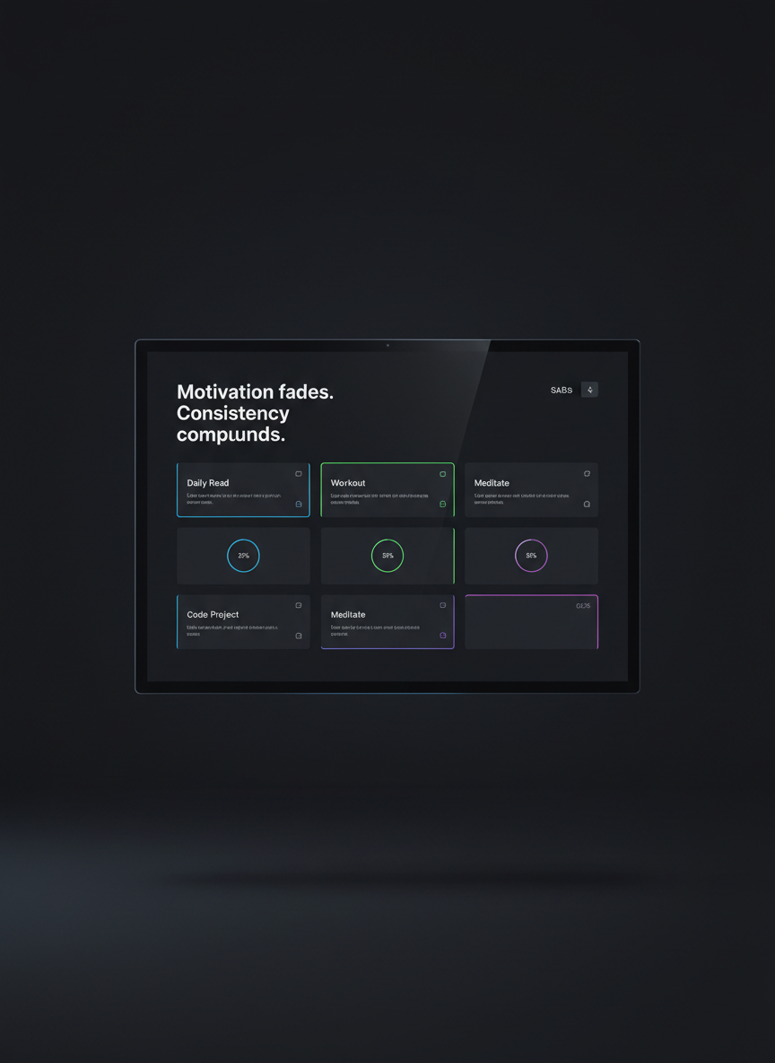 A sleek dark-mode SaaS dashboard interface displayed on a thin, frameless monitor floating against a matte charcoal background. The UI shows minimalist habit tracking cards with subtle neon accents, clean white sans-serif typography, and a bold headline reading “Motivation fades. Consistency compounds.” in the top left. Soft, diffused studio lighting creates a gentle sheen on the monitor edges while keeping the background almost velvety black. The scene is uncluttered, with generous negative space surrounding the screen to echo a premium, calm aesthetic. Captured straight-on at eye level with photographic realism, the composition centers the monitor, leaving room around the edges for text overlays, conveying focus, discipline, and modern sophistication without any human presence.