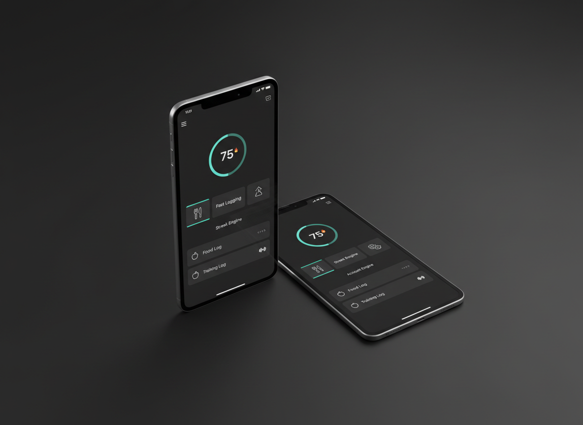 An ultra-clean, dual-device setup on a matte black surface, featuring a modern smartphone and a slim tablet, both showing synchronized habit tracking interfaces with food logging, training logs, and a prominent streak indicator. The screens use white typography and soft teal accent lines on a deep charcoal UI, with neatly spaced cards labeled “Fast Logging,” “Streak Engine,” and “Accountability.” The environment is minimal and abstract, with no visible room context, just a gradient dark background that fades into black. Subtle top-down studio lighting highlights the beveled edges of the devices and casts gentle, elongated shadows. Captured from a three-quarter overhead angle with crisp focus, the composition suggests cross-platform reliability, mobile-first design, and premium polish.