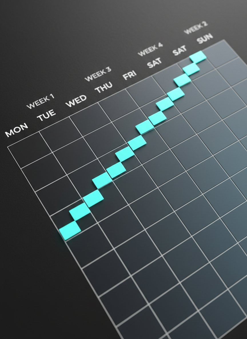A close-up, photographic-realistic view of a minimalist habit streak calendar UI glowing against a dark matte background. Rectangular tiles form a grid, each tile a subtle gradient from deep graphite to soft slate, with thin white outlines and occasional illuminated tiles in cool cyan marking a long, unbroken streak. At the top, sleek white sans-serif labels for days and weeks float in perfect alignment. Soft side lighting emphasizes the subtle texture of the background and adds gentle reflections to the glowing tiles, creating depth and contrast. Shot from a slightly elevated angle with a shallow depth of field, the foreground tiles are in razor-sharp focus while the back rows blur into a smooth bokeh, evoking consistency, momentum, and a sophisticated, tech-forward mood.