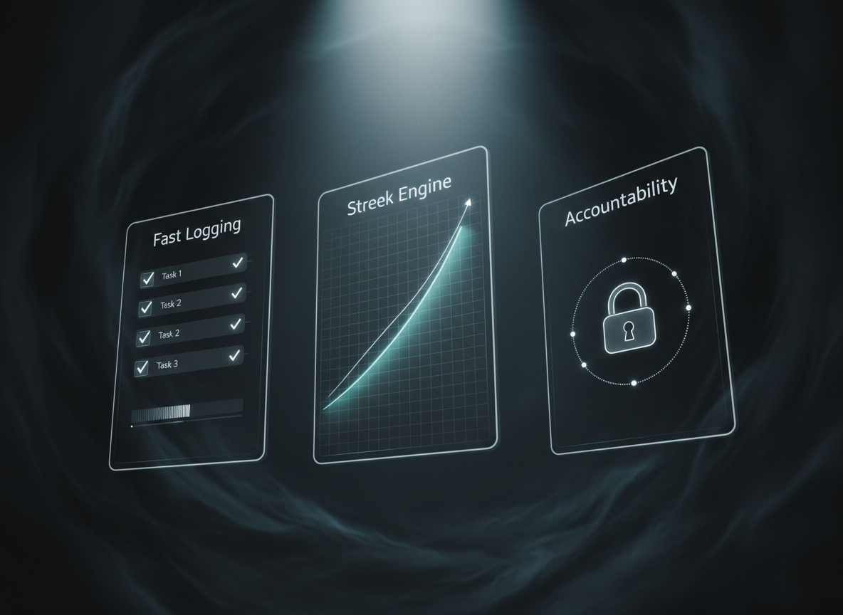 A row of three abstract, glowing panels floating in a dark, misty void, each representing a feature: Fast Logging, Streak Engine, Accountability. The first panel displays a streamlined checklist interface with instant ticks appearing, the second shows a smooth, continuous line graph climbing steadily, and the third depicts a secure lock icon integrated with a subtle habit timeline. All panels use white and soft cyan lines on deep graphite, with thin borders and plenty of internal spacing. Gentle rim lighting outlines each panel, while a faint, diffused spotlight from above creates a gradient halo on the matte background. Photographic realism with a slightly cinematic feel, shot from a low, slightly tilted angle, gives the impression of powerful, floating feature modules in a sophisticated, futuristic environment.